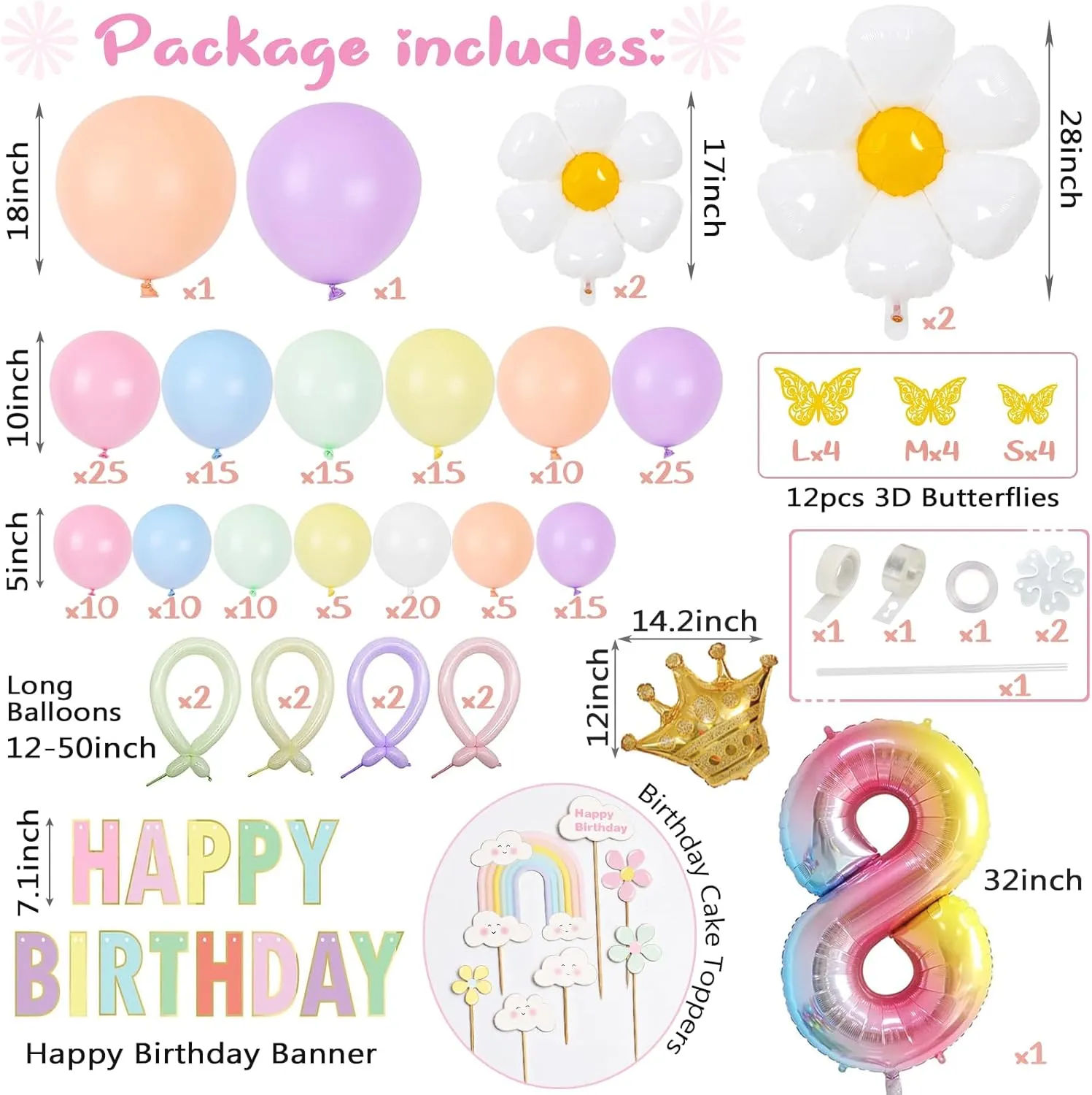 Cake Topper, 3D Butterflies, Number 8 Balloon for PastelBirthday Decorations Pastel Balloons 8th blackout treadmill prairie whence threshold Birthday Decorations for Girls, 219 Pastel Balloon Garland Kit with Flowers, Happy Birthday Banner, 