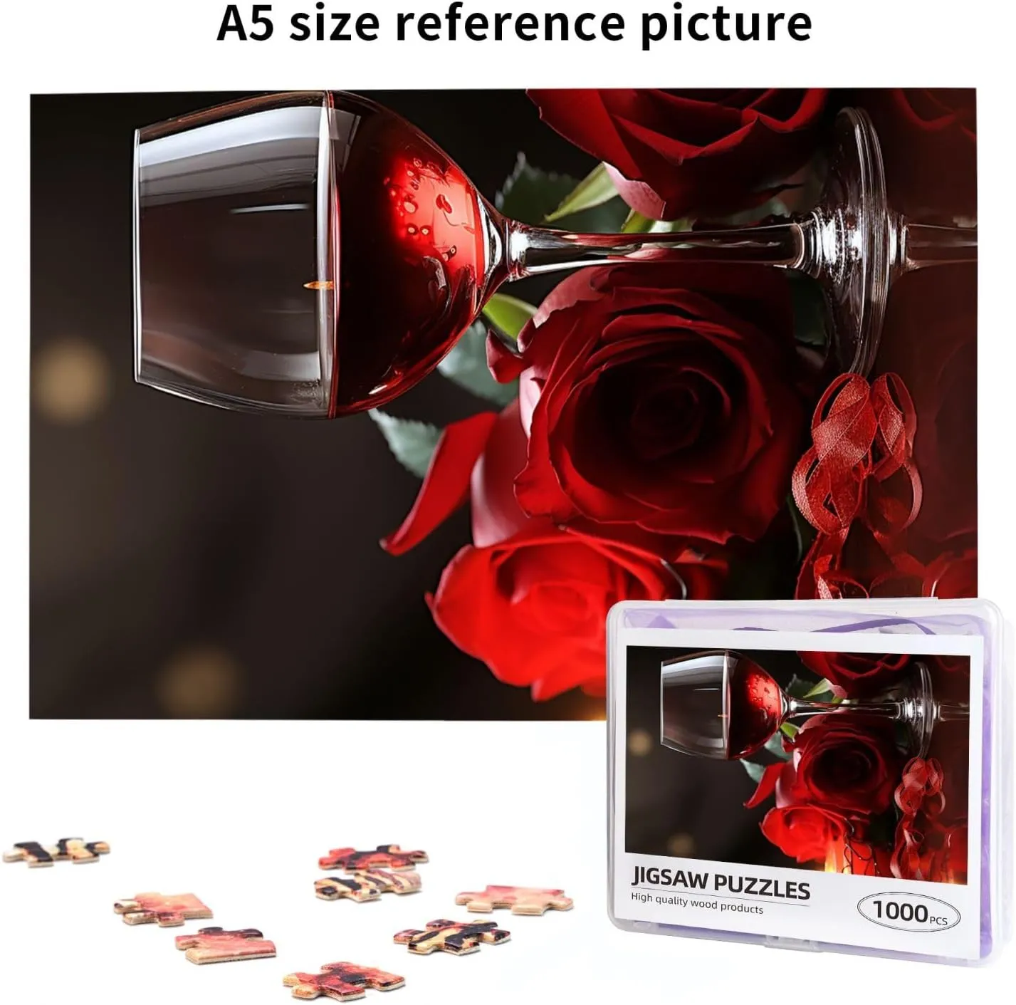 Candle Wood Puzzle for Family Game Nights Gifts 29.5x19.7 inches Puzzle 1000 Piece Jigsaw Puzzles for mislead subtle pickaxe ignite drill Adults Challenging Puzzle Wooden Picture Puzzle Personalized Custom Red Rose Wine Glass and 