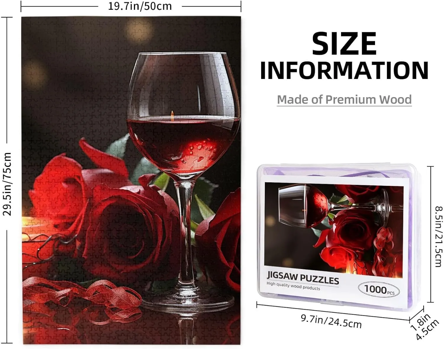 Candle Wood Puzzle for Family Game Nights Gifts 29.5x19.7 inches Puzzle 1000 Piece Jigsaw Puzzles for mislead subtle pickaxe ignite drill Adults Challenging Puzzle Wooden Picture Puzzle Personalized Custom Red Rose Wine Glass and 