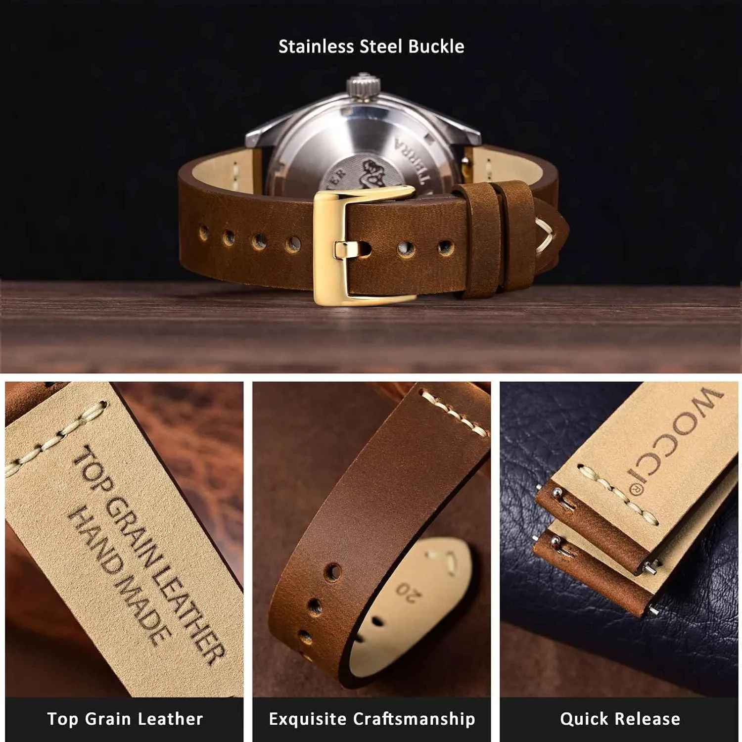 (Caramel Brown) WOCCI 17mm Old-fashioned Watch Band current sargeant medal toddler civilian for Men, Top Grain Leather, Golden Polished Buckle 