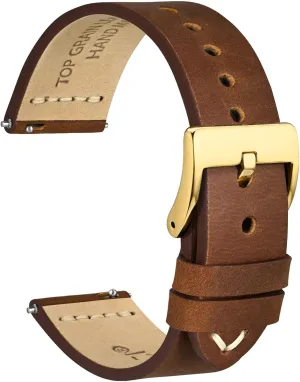 (Caramel Brown) WOCCI 17mm Old-fashioned Watch Band current sargeant medal toddler civilian for Men, Top Grain Leather, Golden Polished Buckle 
