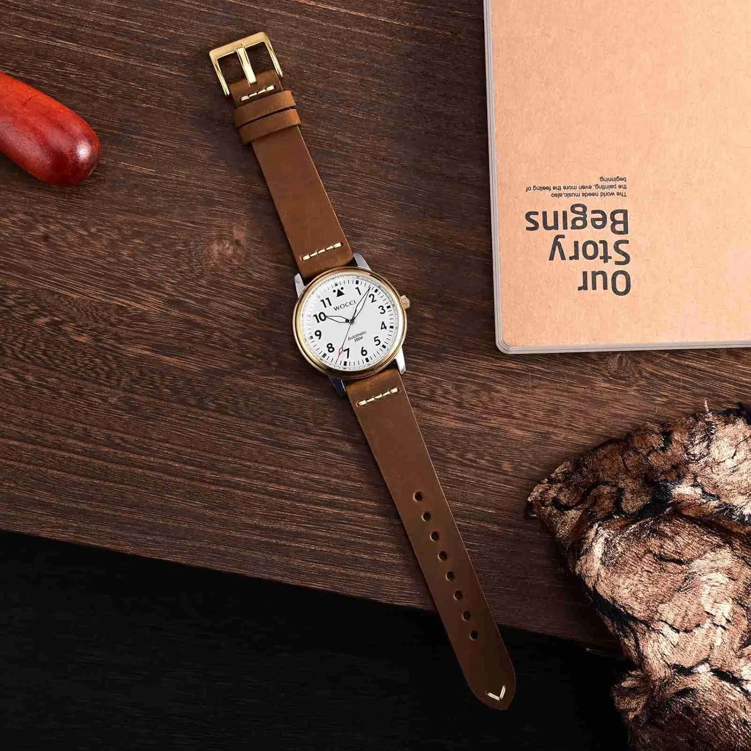 (Caramel Brown) WOCCI 17mm Old-fashioned Watch Band current sargeant medal toddler civilian for Men, Top Grain Leather, Golden Polished Buckle 