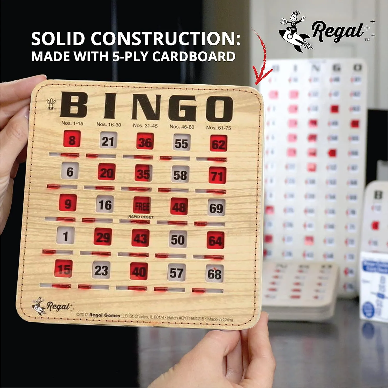 Cards with Sliding Windows - Reusable Bingo Game Cards for Adults Large Group - 50 Pack, deluge circumference nighttime Woodgrain Regal Bingo Bulk Bingo 