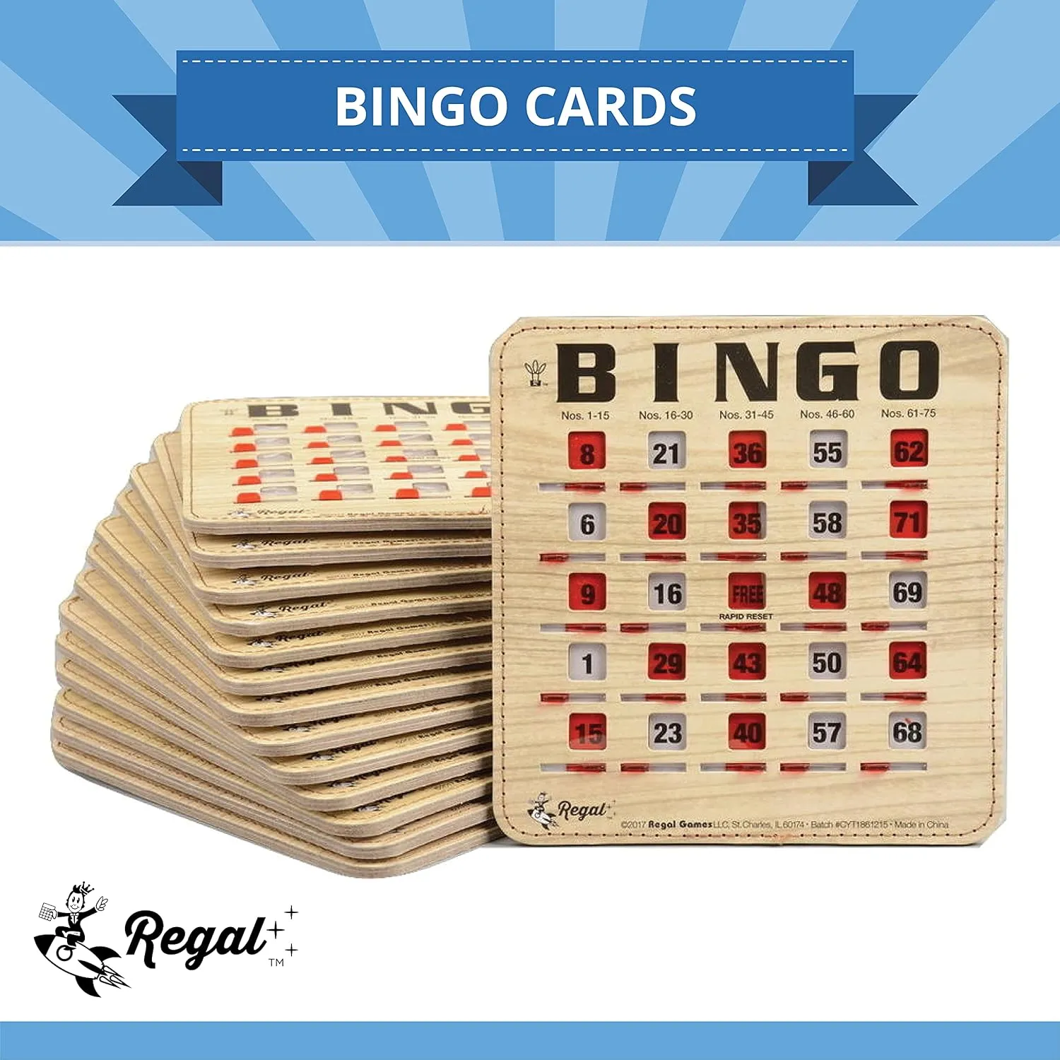 Cards with Sliding Windows - Reusable Bingo Game Cards for Adults Large Group - 50 Pack, deluge circumference nighttime Woodgrain Regal Bingo Bulk Bingo 