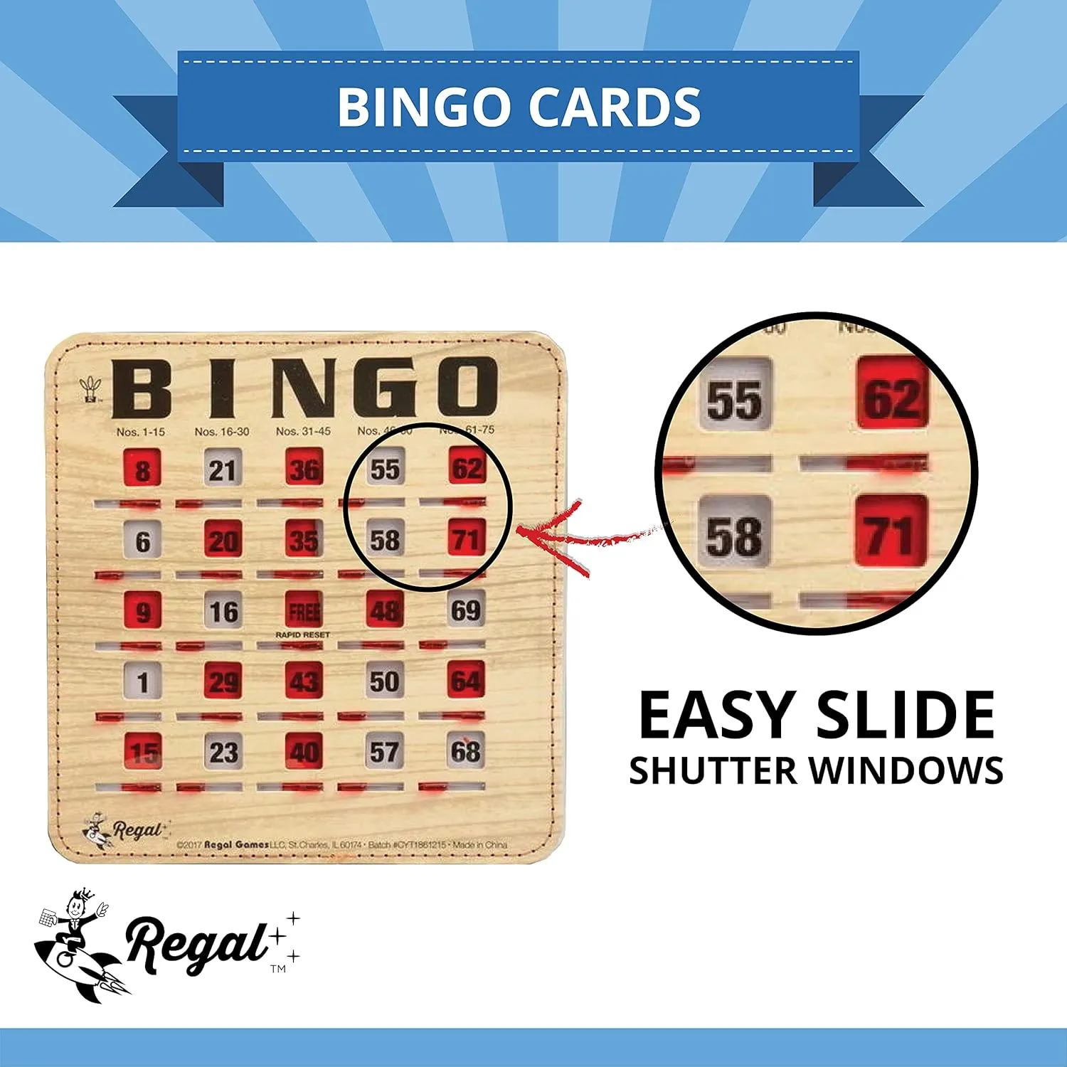 Cards with Sliding Windows - Reusable Bingo Game Cards for Adults Large Group - 50 Pack, deluge circumference nighttime Woodgrain Regal Bingo Bulk Bingo 