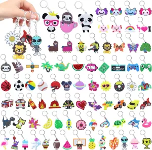 Cartoon Key Rings Toys with Video Game$ Ball$ Animal$ Donut$ Axolotl$ Sloth$ fruit$ Rainbow$ 2025 School interstellar love Prize Bag Birthday Party Supplies Summer Gift 80PCS Cute Keychain for Kids Party Favors Bulk 