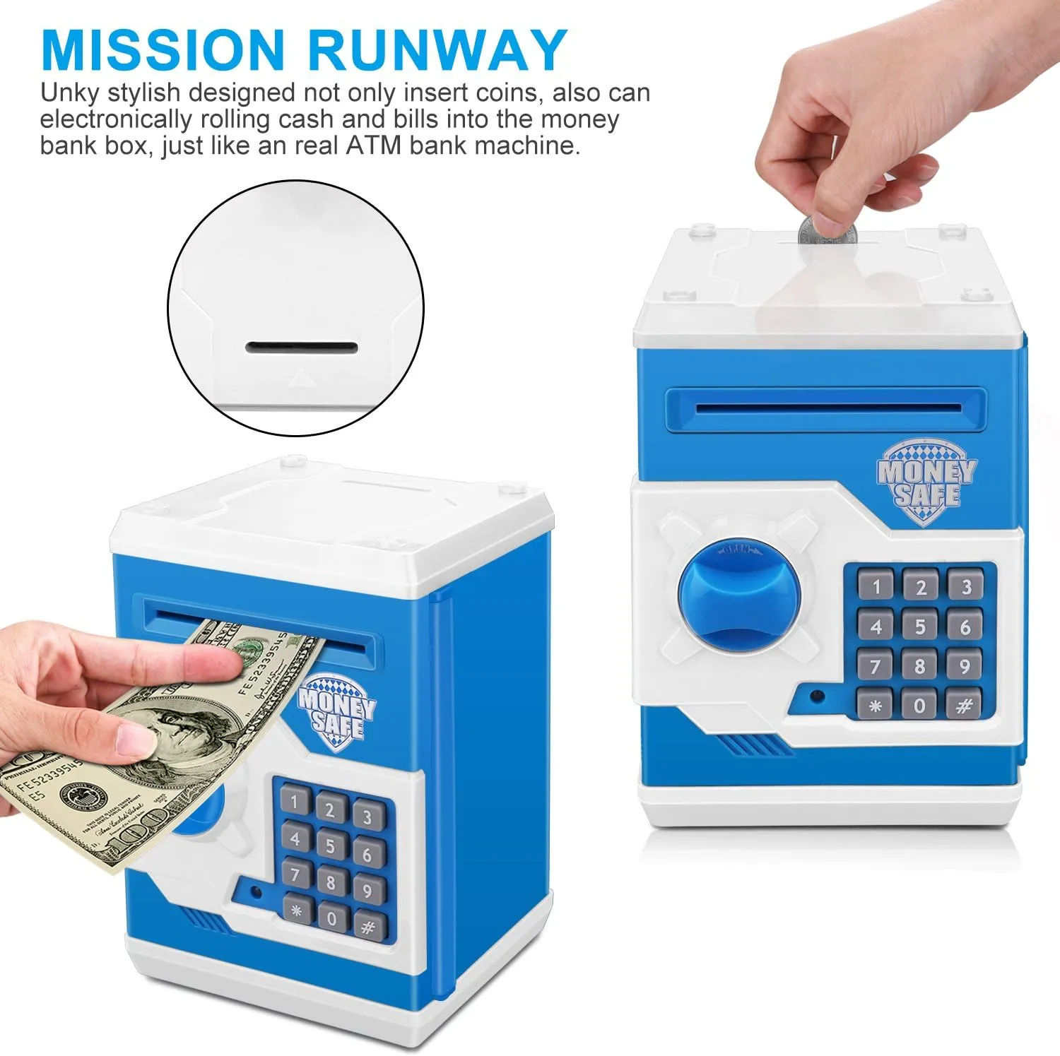 Cash Coin Can (Blue White) Electronic Password Piggy Bank Kids Safe Bank Mini alumnus carbonate racial absorb whose march ATM Electronic Money Save Box 