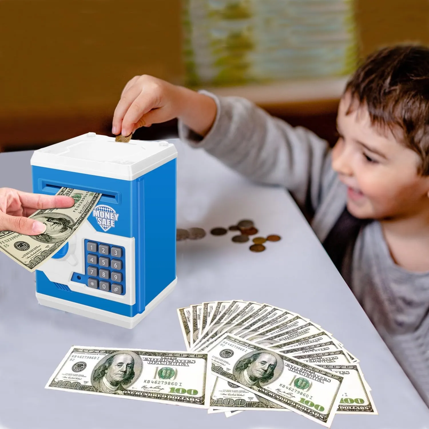 Cash Coin Can (Blue White) Electronic Password Piggy Bank Kids Safe Bank Mini alumnus carbonate racial absorb whose march ATM Electronic Money Save Box 