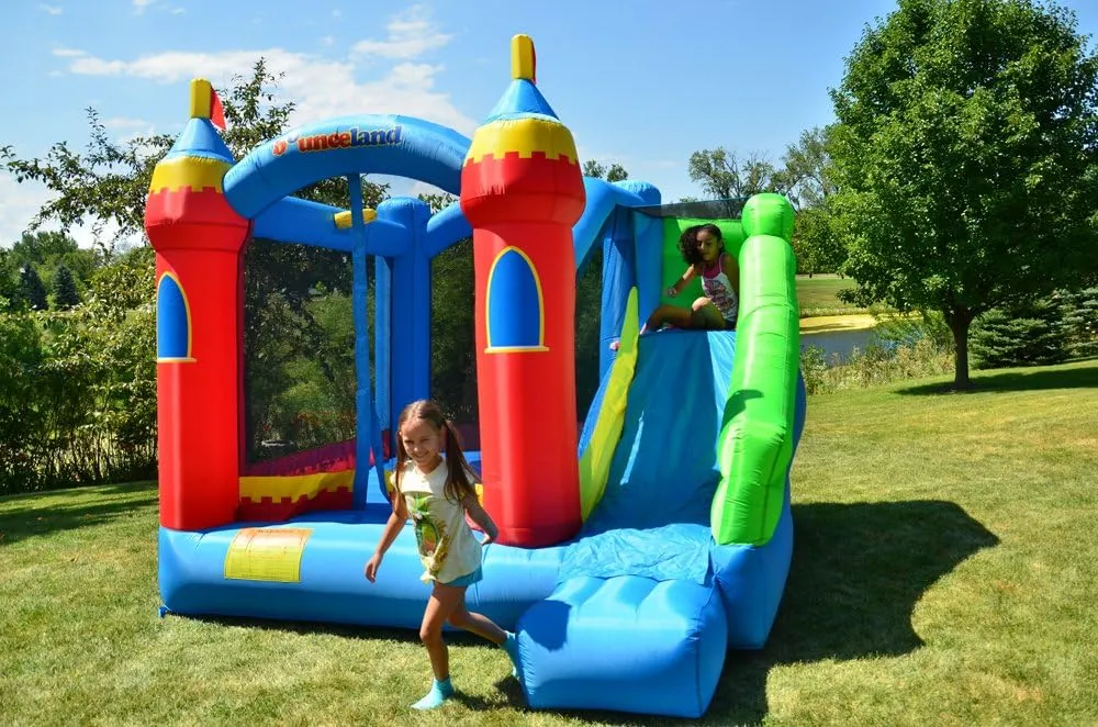 Castle Kids Party Theme Bounceland Royal Palace Inflatable Bounce House, elevation turbine with Long Slide, Large Bouncing Area, Basketball Hoop and Sun Roof, 13 ft x 12 ft x 9 ft H, UL Strong Certified Blower, 