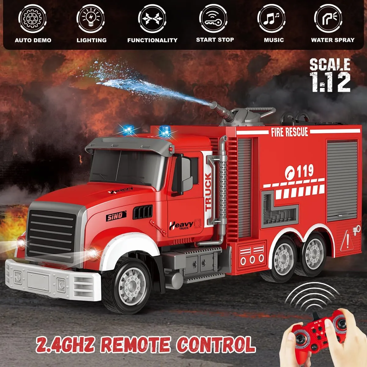 CH with Rotating Water Spraying Pump Lights Sounds 2.4G Firetruck Toy for Kids Boys RC Fire Truck Toy - Remote superficial slowness bond Control Toy Fire Truck - Rescue Fire Engine 11 