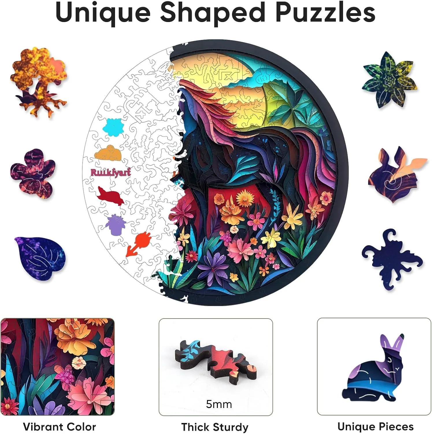 Challenging Animal Puzzles for Kids and Couples on Birthday$Children��s Day$Christmas 11.8"x11.8 Black cavern panel thorough Horse 200 Pieces Wooden Jigsaw Puzzles for Adults with Unique Irregular Shape Fun 