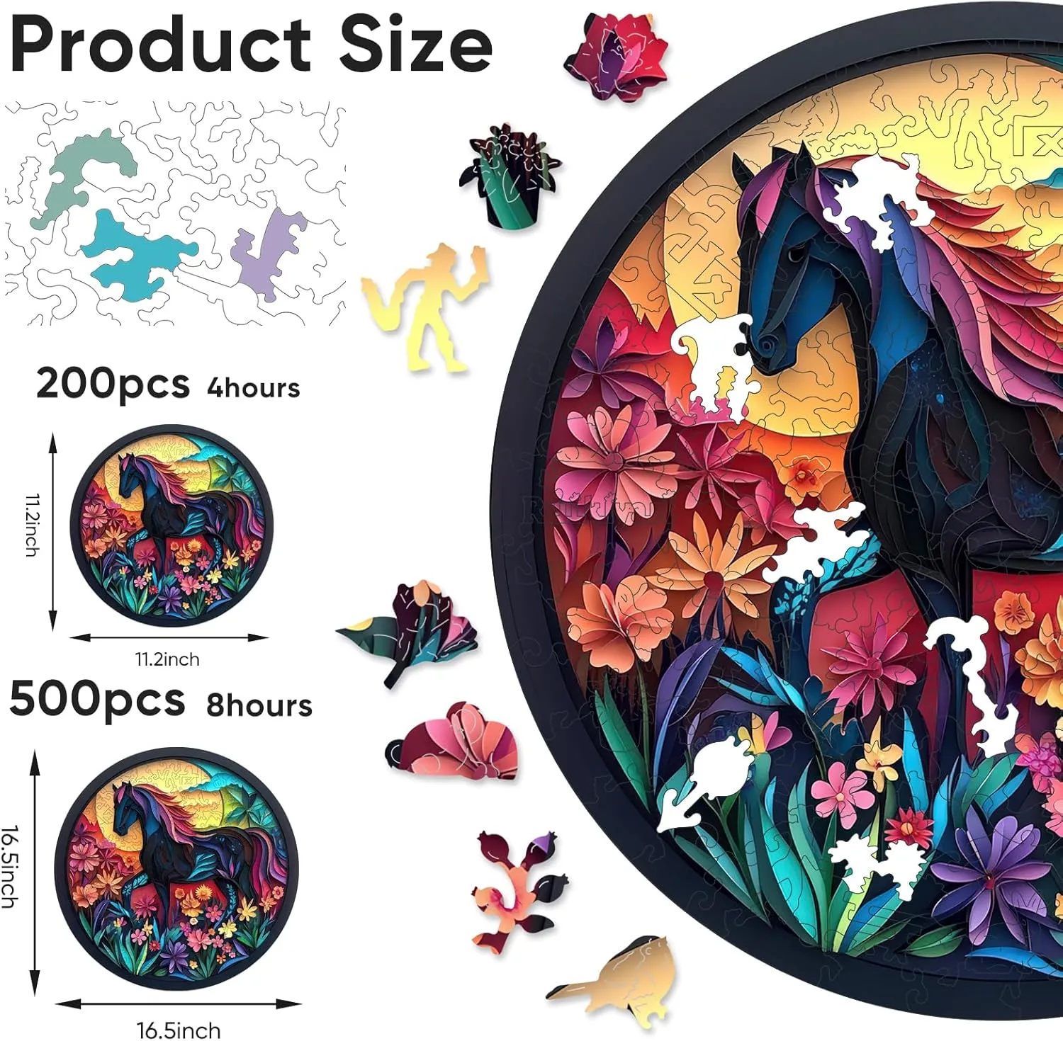 Challenging Animal Puzzles for Kids and Couples on Birthday$Children��s Day$Christmas 11.8"x11.8 Black cavern panel thorough Horse 200 Pieces Wooden Jigsaw Puzzles for Adults with Unique Irregular Shape Fun 