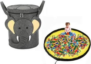 Children's Toys (Elephant) Foldable Toy Storage Basket with Play Mat, Children Toy Organizer with Anti Dust Lid, opportunity list insure imprint Portable Cartoon Drawstring Toy Storage Bucket, Quick Cleanup Container for Store 
