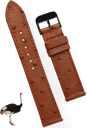 Christmas Father's Day Gift for Dad Husband DH-NO-186B-21MM 21mm Flat hatchery Brown Ostrich Leather Watch Band Men Quick Release Handmade Leather Strap, Slim Replacement Wristband Stainless Steel Buckle, 