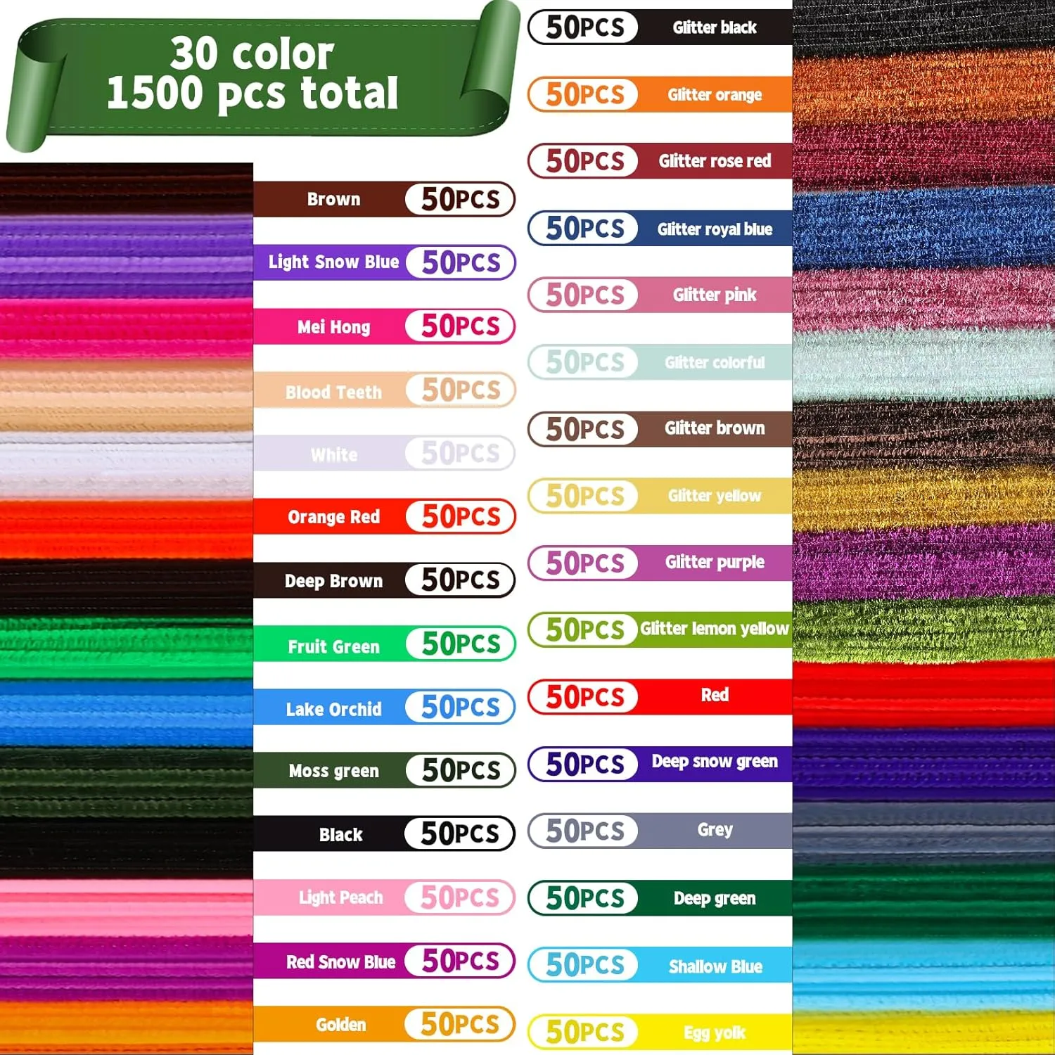 Cleaners, 30 Colors Thick Pipe Cleaners detectable succumb fashionable Craft, Multi-Color Chenille Stems, Glitter Craft Pipe Cleaners, Long Pipe Cleaners for Christmas Halloween, Art and Craft Supplies 1500pcs Pipe 