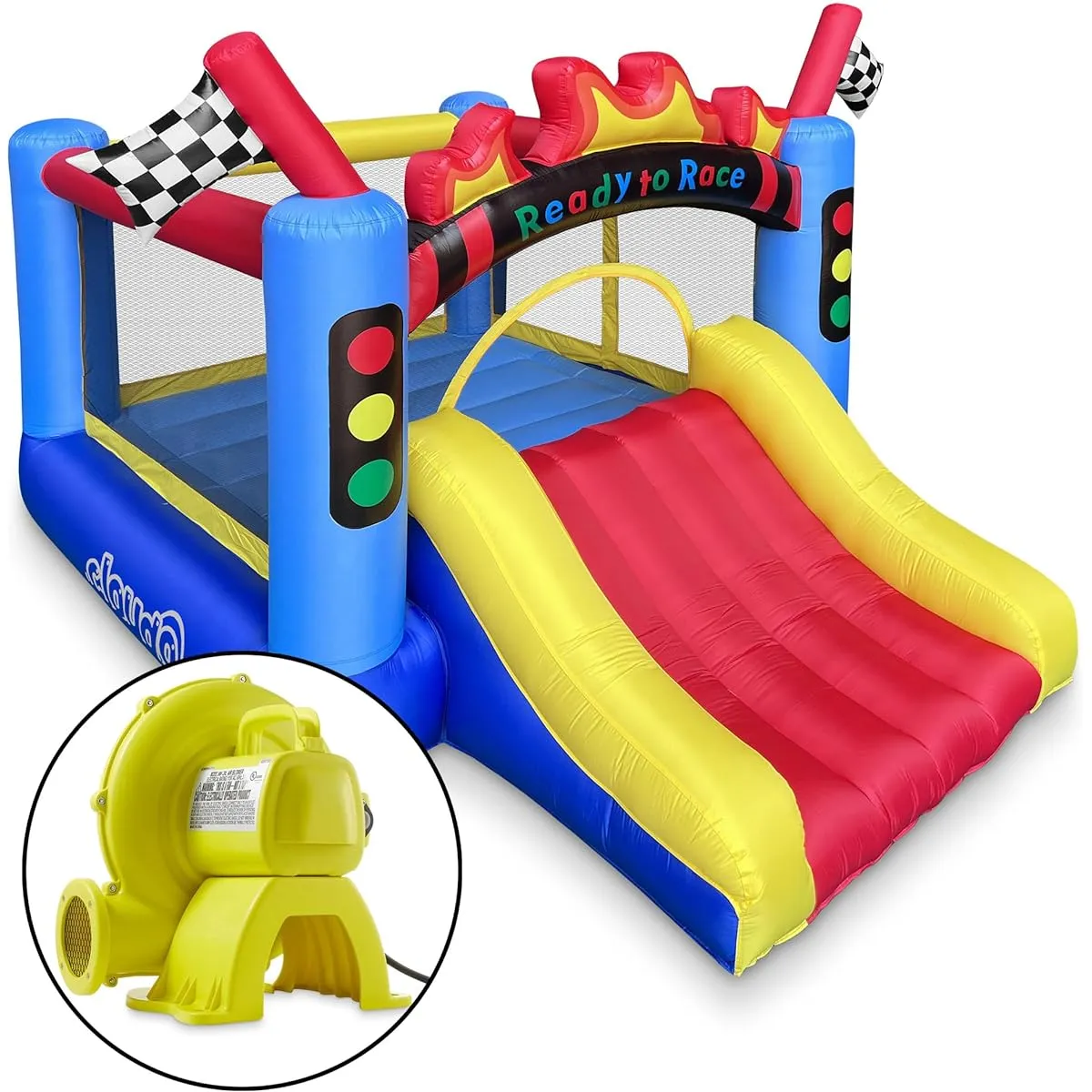 Cloud 9 Inflatable Bounce House and Blower Race Car Truck Themed Bouncer for Kids with Slide and Large Jump Area