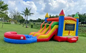 Commercial Grade Inflatable Fiesta Dual Lane Combo Slide Pool 1.5HP Blower