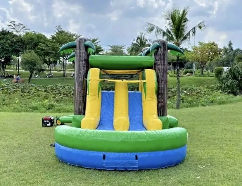 Commercial Grade Inflatable Tropical Dual Lane Combo Slide Pool 1.5HP Blower