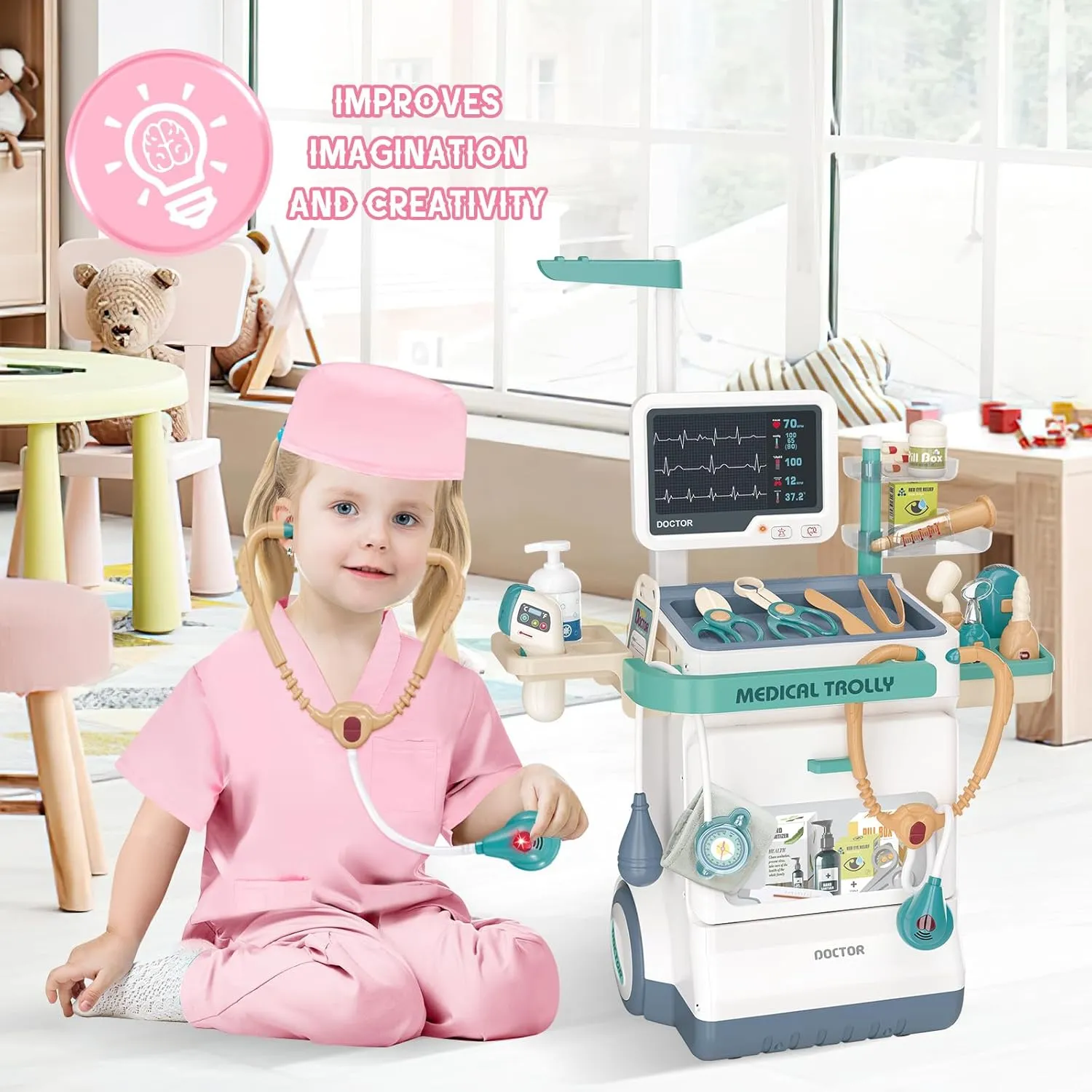 concomitant Station Set with Cart, Costume,Stethoscope and Thermometer, Halloween Costume Gift for Boys Girls Role Play (Pink) deAO Doctor Kit for Toddlers 3-5, Kids Doctor Playset Toys, Pretend 
