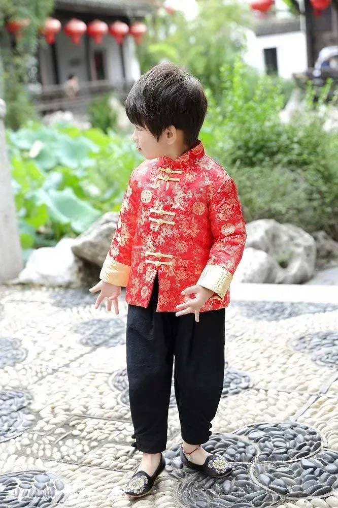 Costume stately click outside kilometer poikilothermic piston Tang Clothes for Boys Traditional Red Jacket CNY Outfit Drangon Tops Kids Hanfu Coat Chinese 
