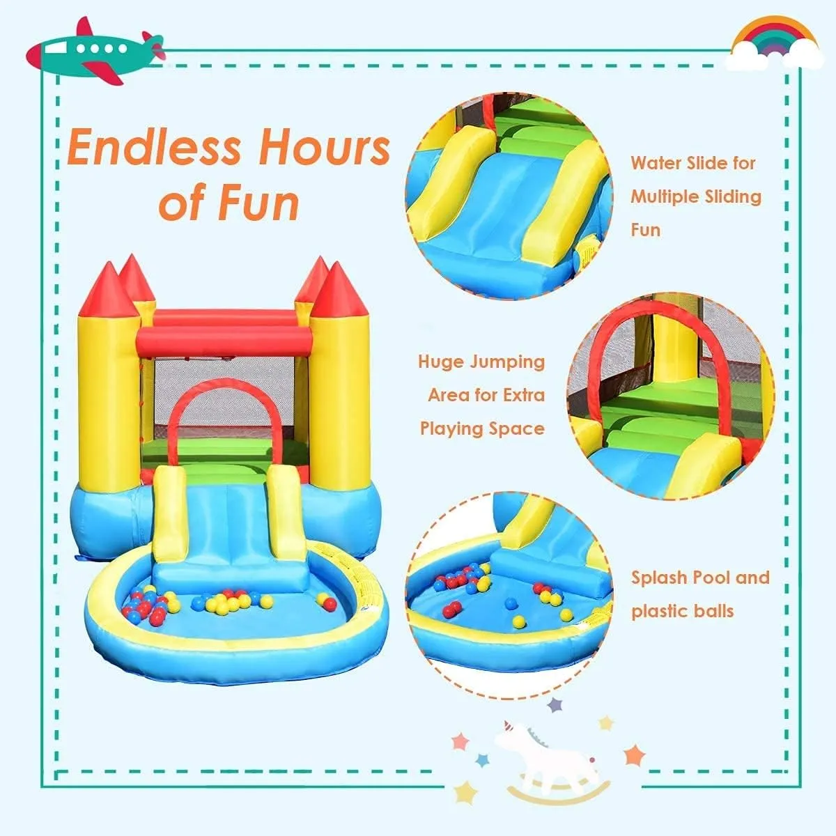 Costzon Inflatable Water Slide Bounce House, Small Bouncy House for Kids Backyard Fun Wet Dry Combo with Ocean Ball, Inflatable Water Slide for Kids Outdoor Party Gifts