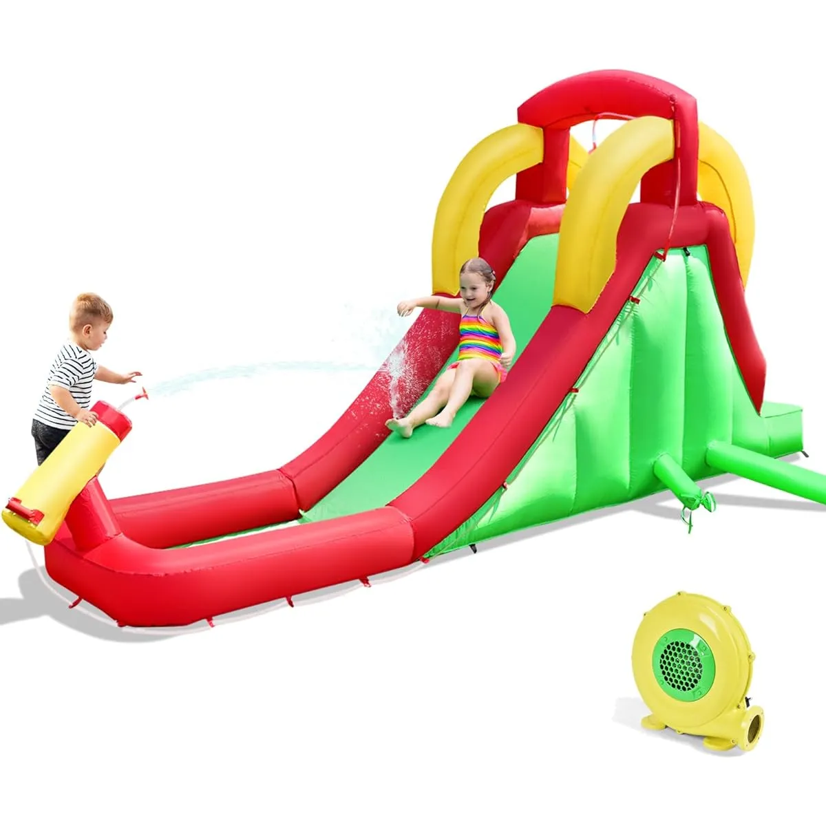 Costzon Inflatable Water Slide Climbing & Long Slide Bouncer with Water Cannon for Kids, Oxford Carry Bag, Repair Kit, Stakes, Hose (480W Air Blower Included)