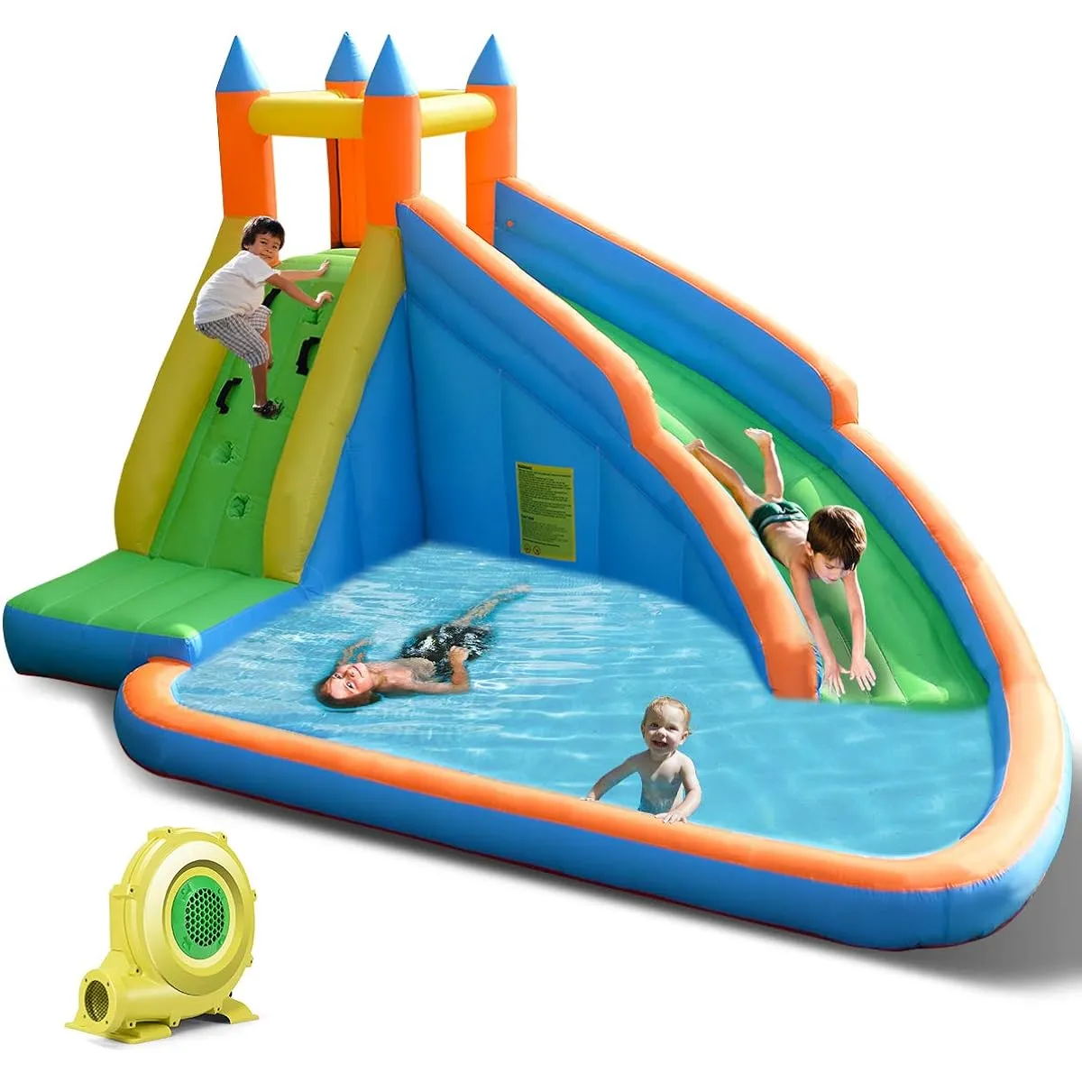 Costzon Inflatable Water Slide Giant Bouncy Water Slide Park for Kids Backyard Outdoor Fun with 480W Blower, Climbing Wall, Splash Pool, Inflatable Water Slide for Kids and Adults, Party Gift