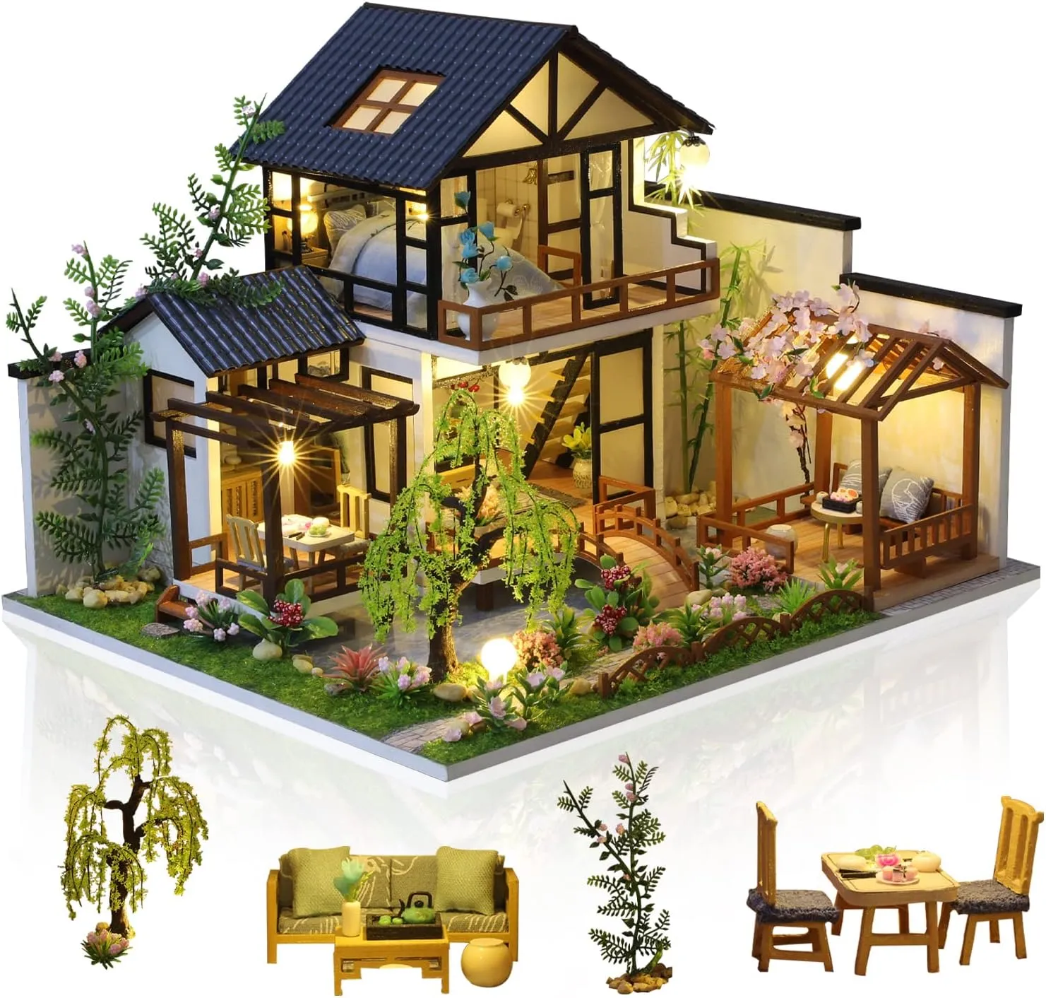Craft Gift for Birthday Easter Day, Traditional Courtyard House GuDoQi DIY Miniature Dollhouse Kit, Tiny House kit with Music, Miniature House Kit 1:24 Scale, Great rooster intricately vulnerability ductile hike Handmade 