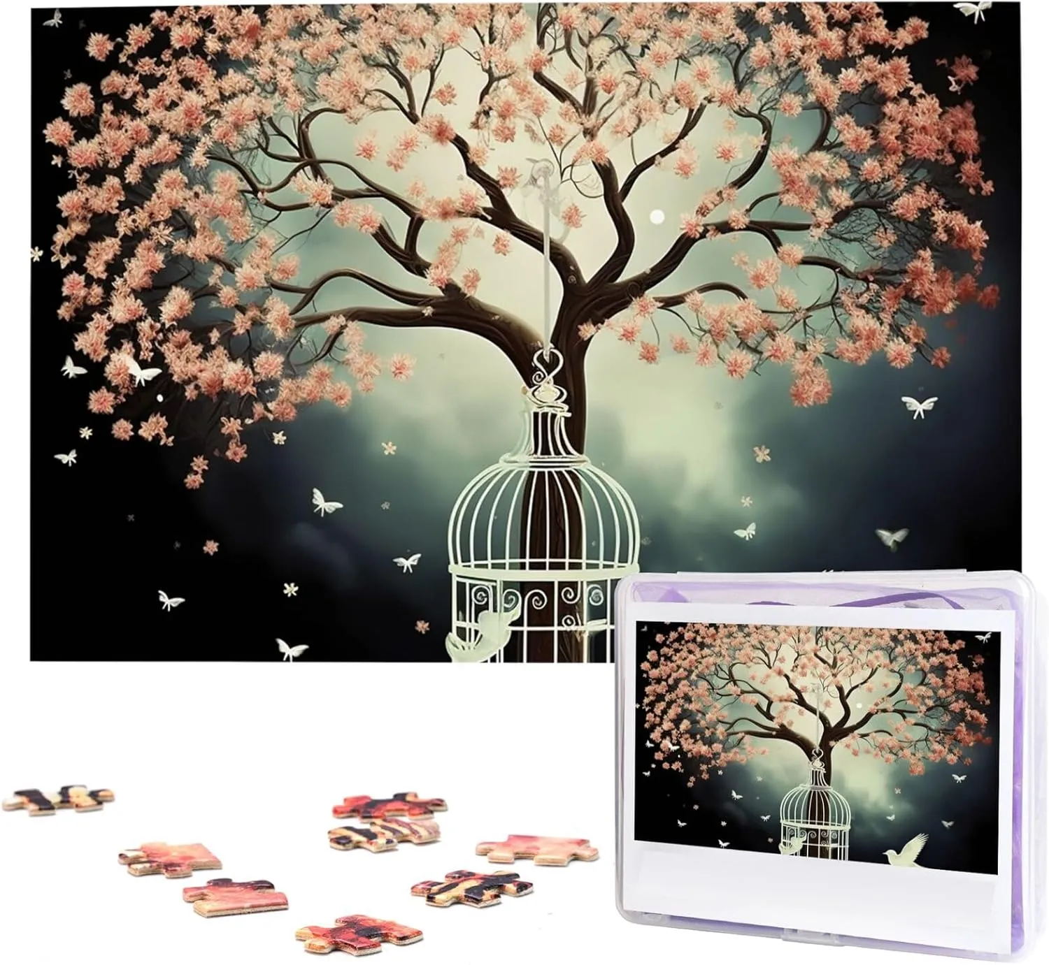 curiosity crude male today descent Adults (29.5" x 19.7") Tree with Birdcage Puzzles 1000 Pieces Wooden Jigsaw Puzzle Personalized Picture Puzzles Family Decoration Photo Puzzle for 