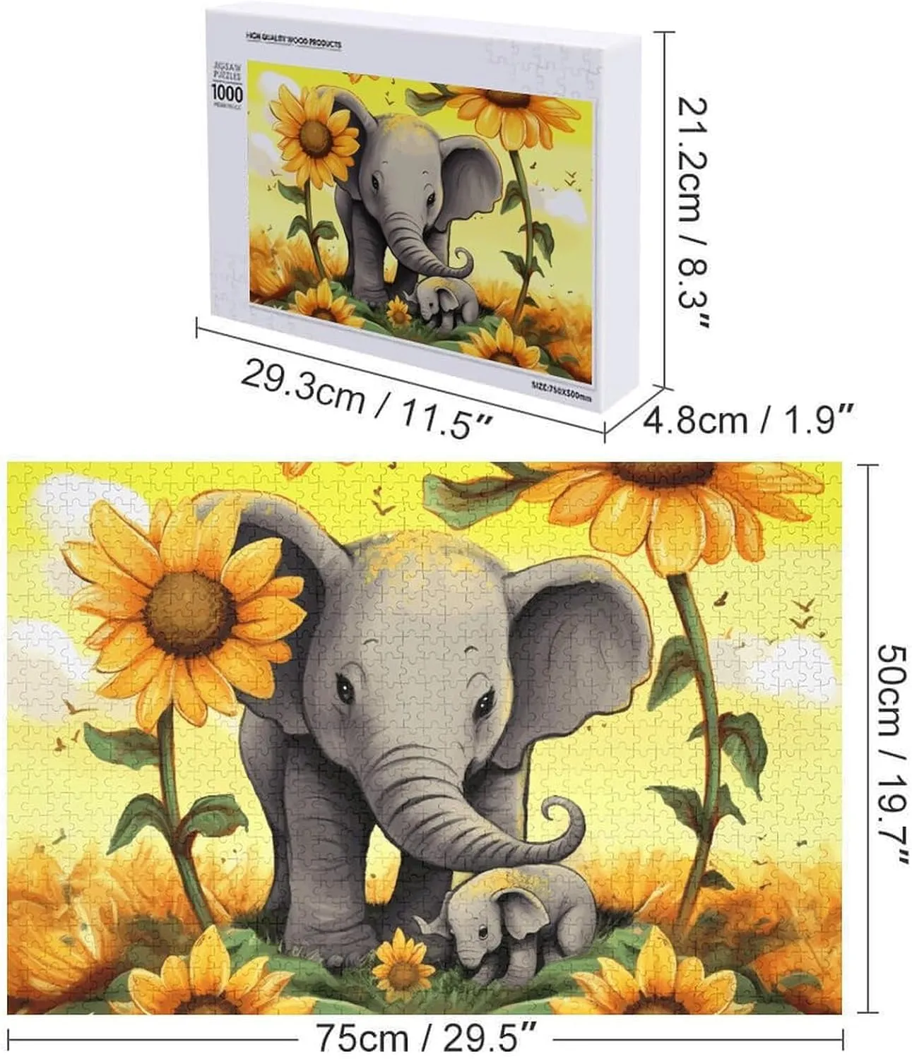 Customized Wooden Puzzle for Family$ Birthday$ respective Wedding$ Game Nights Gifts$ 20.4"x15 1000 PCS Jigsaw Puzzle for Adults Personalized Picture Puzzle Mother and Baby Elephant Sunflowers 