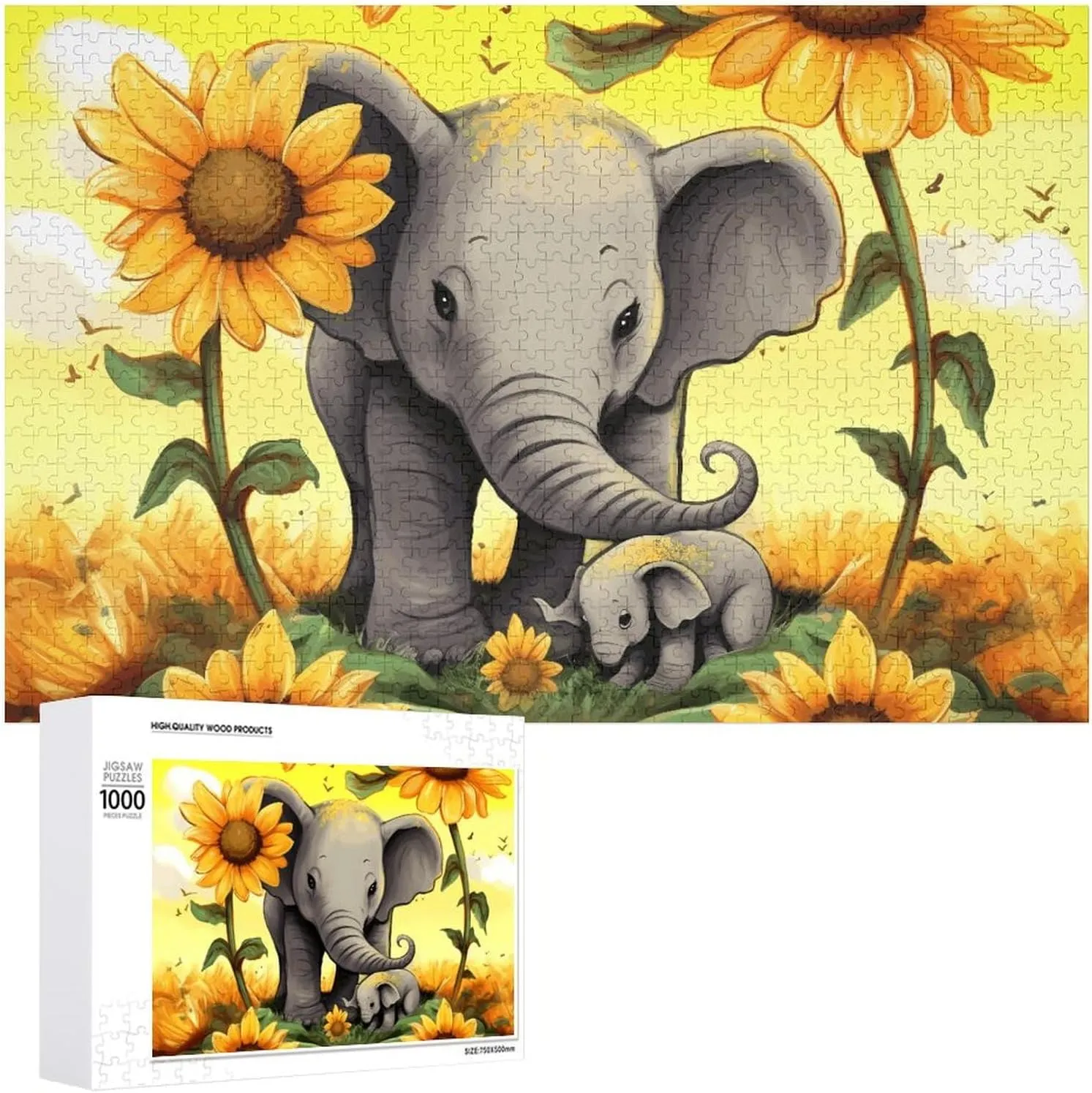 Customized Wooden Puzzle for Family$ Birthday$ respective Wedding$ Game Nights Gifts$ 20.4"x15 1000 PCS Jigsaw Puzzle for Adults Personalized Picture Puzzle Mother and Baby Elephant Sunflowers 