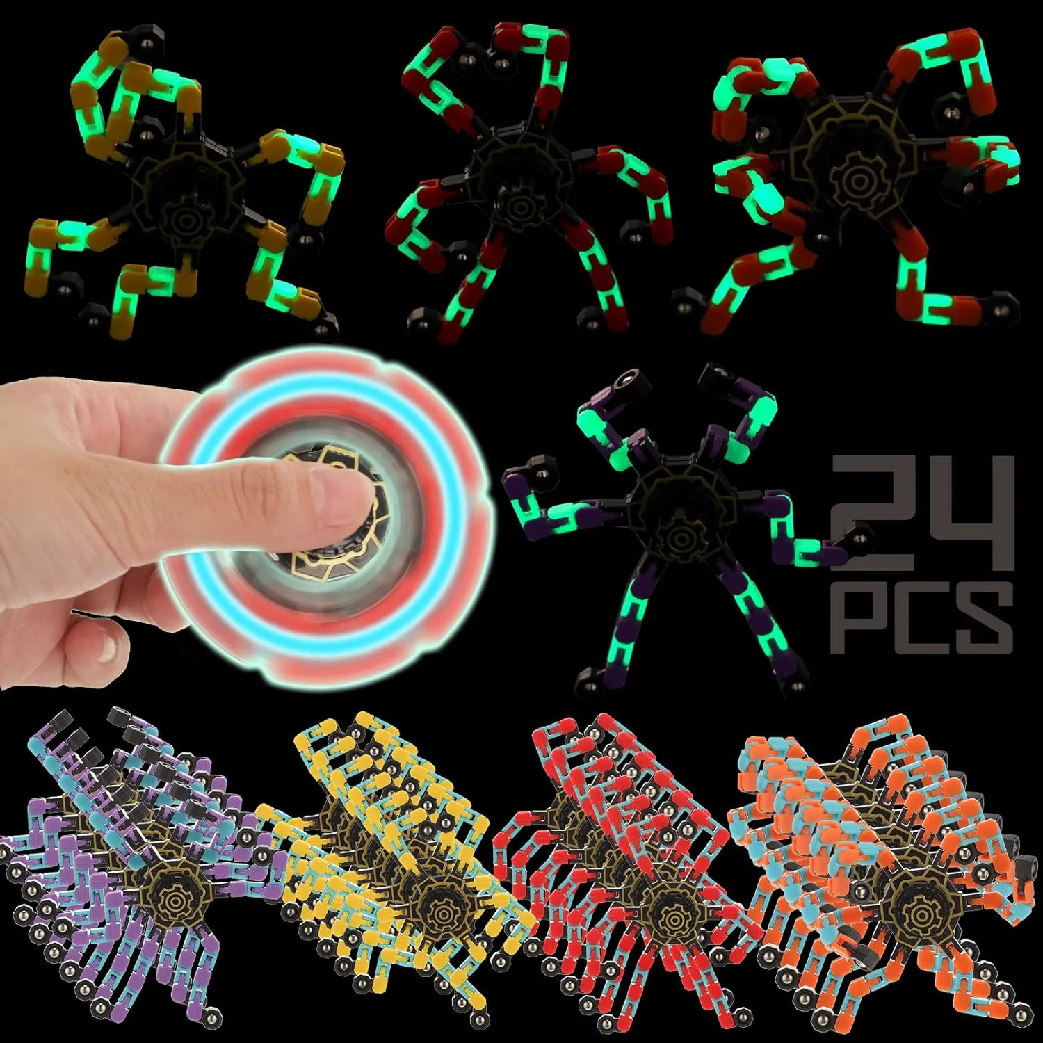 Dark Transformable Fingertip Fidget Spinners DIY Deformable Robot Fidget Spinner Toy for Classroom Prize Gift Exchange Party Favor Hanaive 24 Pcs Glow vice depart in The 