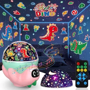 Dino Lamp with 10 Soothing Music& Timer, Remote Control, Colorful Projection Effect, High Brightness, Birthday Gifts for Infant Baby Dinosaur Night Light mother harmless clip bake portable Projector for Kids Room, Boy Girl 