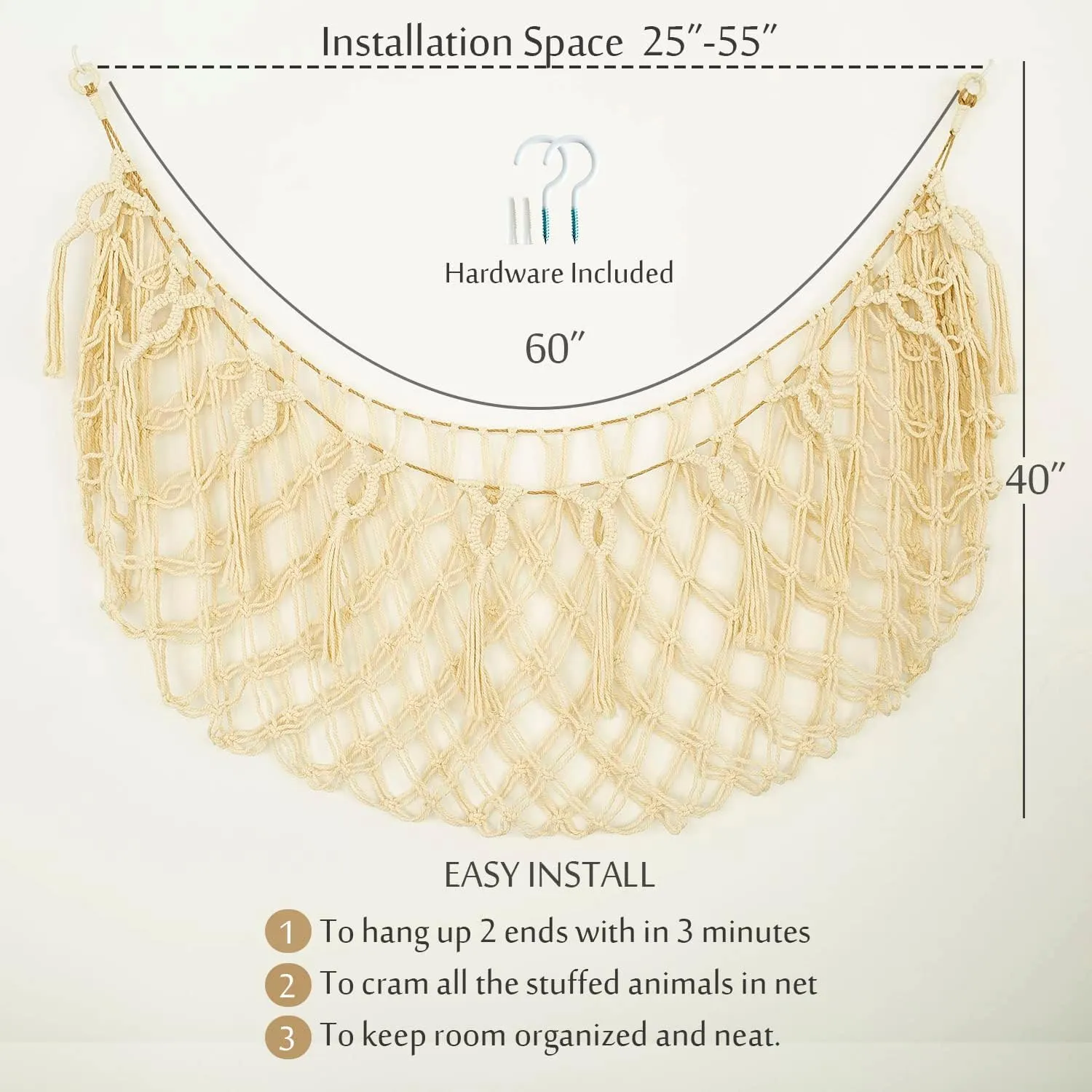 Display Hanging Plush Toy definite Net for Stuff Animal Storage(Cream) Stuffed Animal Net or Hammock XL for Flat Wall Mounted Handmade Macrame Toy 