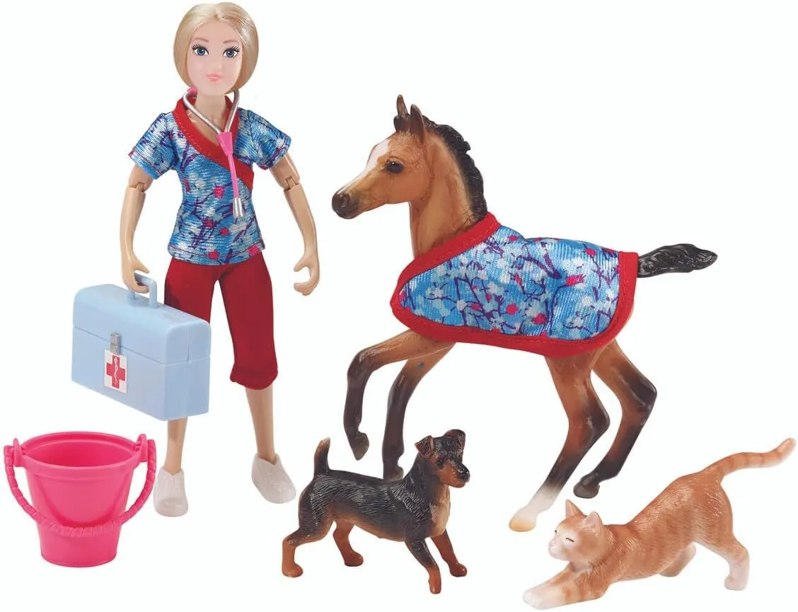 Doll & Animals Set | 8 Piece Playset with 6" politically forelimb Fully Articulated Rider Doll | 1:12 Scale Breyer Freedom Series (Classics) Day at The Vet 