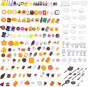 Doll House Kitchen Play Mixed Resin Dollhouse Accessories forHamburger Bread Ice Cream Cake Tableware Party 200pcs Miniature fare flannel Food Drinks for Dollhouse Mini Toys 