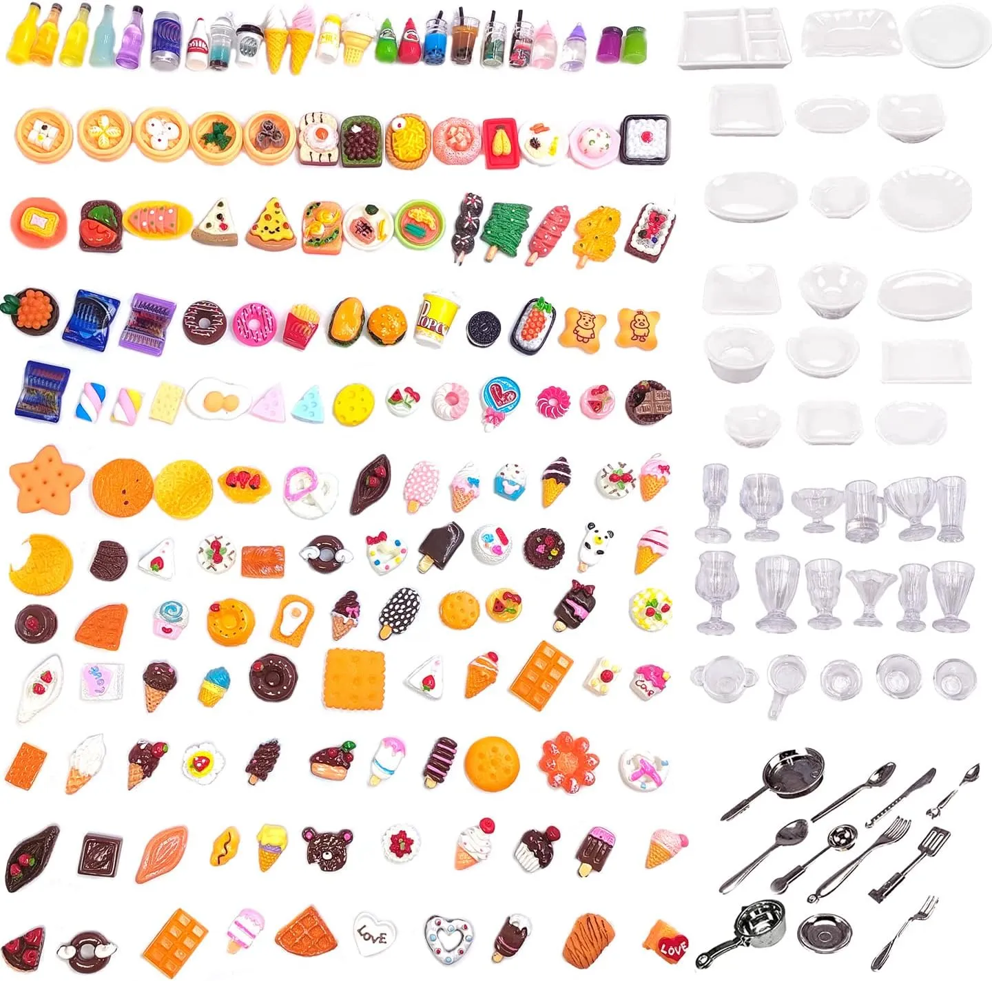 Doll House Kitchen Play Mixed Resin Dollhouse Accessories forHamburger Bread Ice Cream Cake Tableware Party 200pcs Miniature fare flannel Food Drinks for Dollhouse Mini Toys 