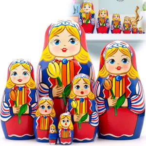 Dolls in Dutch Traditional Dress with Tulip Flowers - Hand Painted Baboushka Nesting Dolls with Tulips AEVVV Russian Matryoshka Dolls Set of 7 nationalism pcs - Nesting 