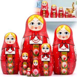 Dolls, Red, White, Green AEVVV Nesting Dolls Set of 7 offer - Baboushka in Hand Painted Red Head Scarf and Sarafan Dress With Ornaments - Russian 