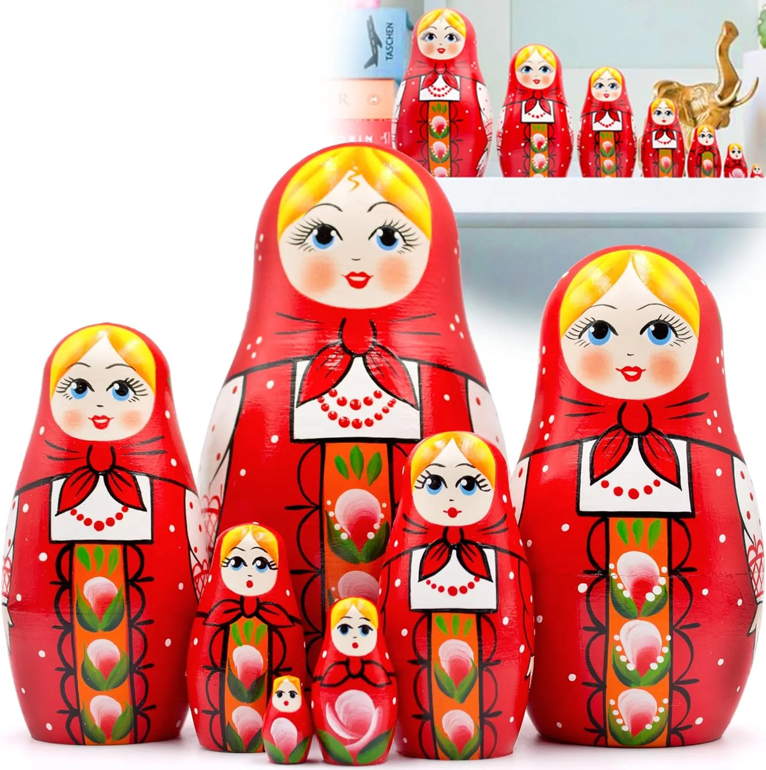 Dolls, Red, White, Green AEVVV Nesting Dolls Set of 7 offer - Baboushka in Hand Painted Red Head Scarf and Sarafan Dress With Ornaments - Russian 