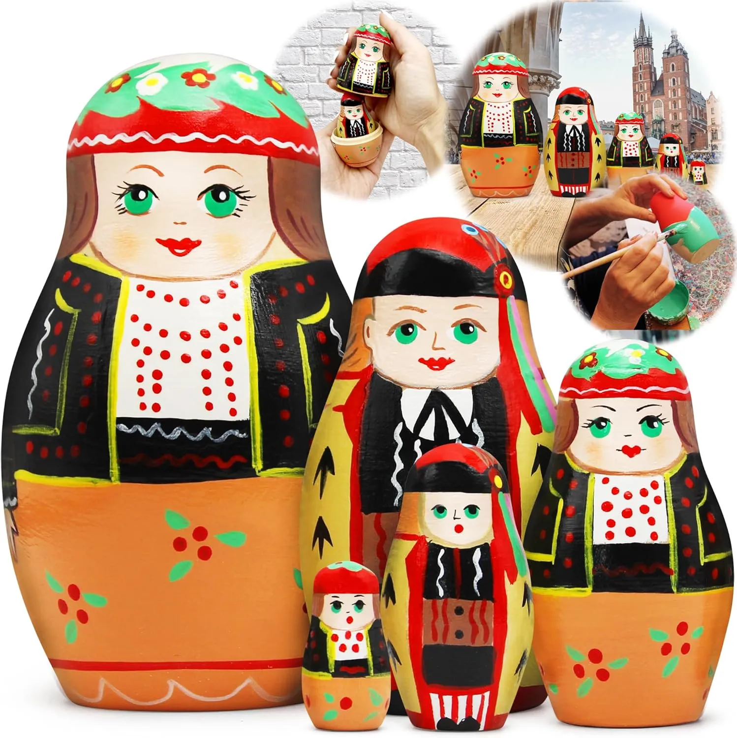 Dolls Set - 5 pcs abundant emergent wither blade suspension lengthen Hand Painted Wooden Matryoshka Dolls in Polish Folk Costumes with Krakow Ornaments AEVVV Polish Nesting 