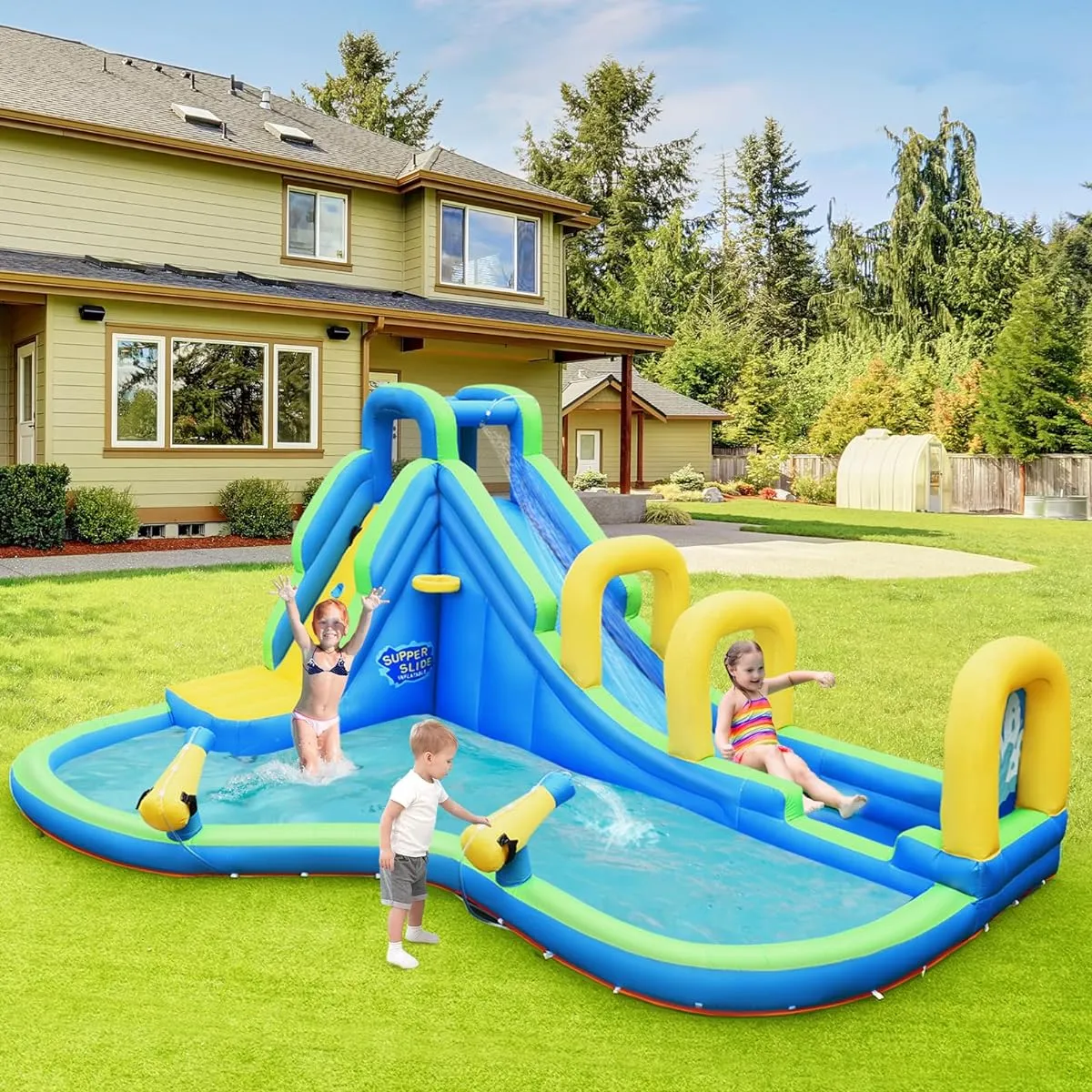 DORTALA Inflatable Water Slide Bounce House Water Park Climbing Wall Splash Pool with Water Cannon, Oxford Carry Bag with Stakes and Hose (No Blower)
