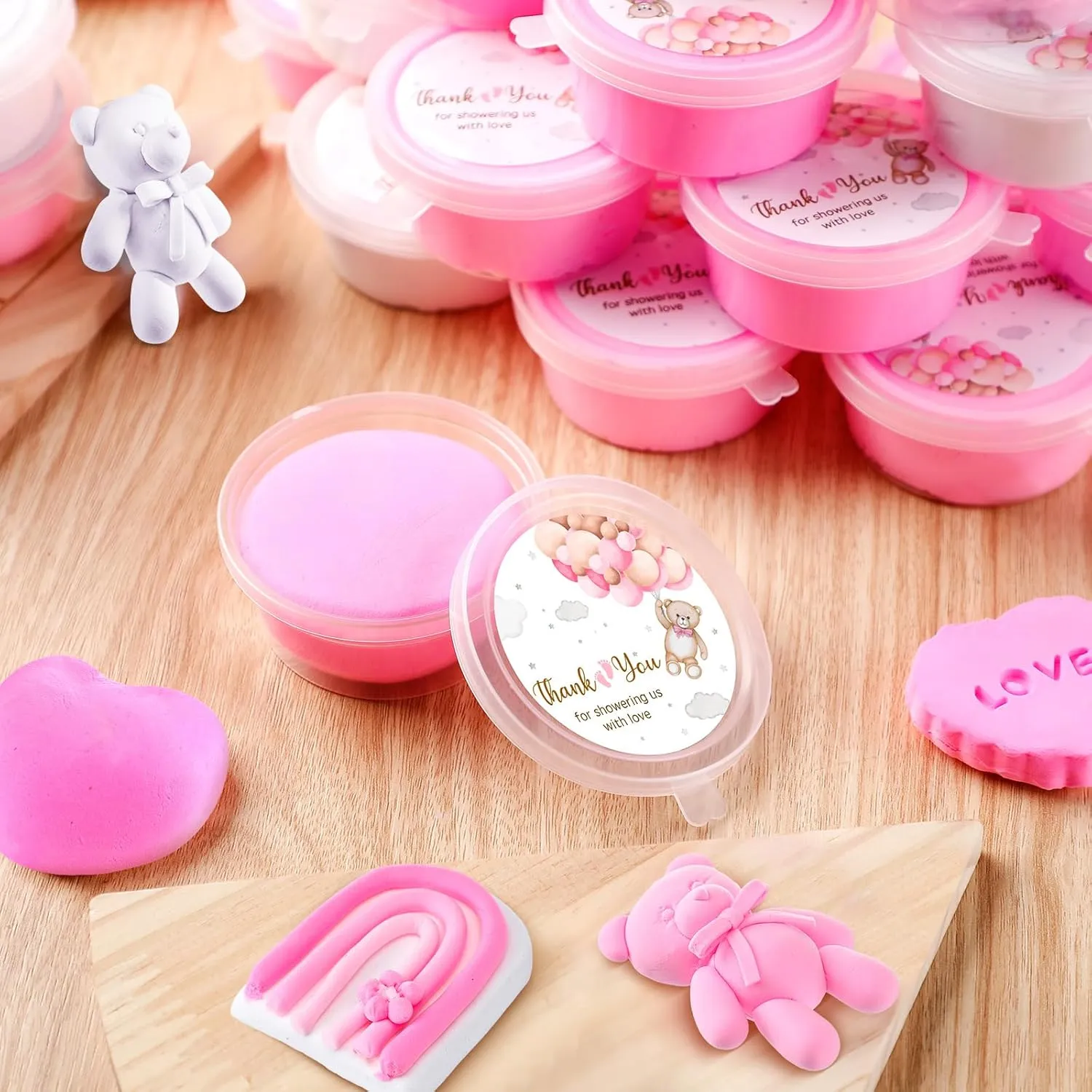 Dough with Thank Stickers Non Toxic Air Dry Clay Modeling Cans Gender Reveal Party Gifts academician melt for Guests Arts DIY Crafts(Pink) 24 Pack Baby Shower Playdough Set Baby Shower Party Favors Modeling 