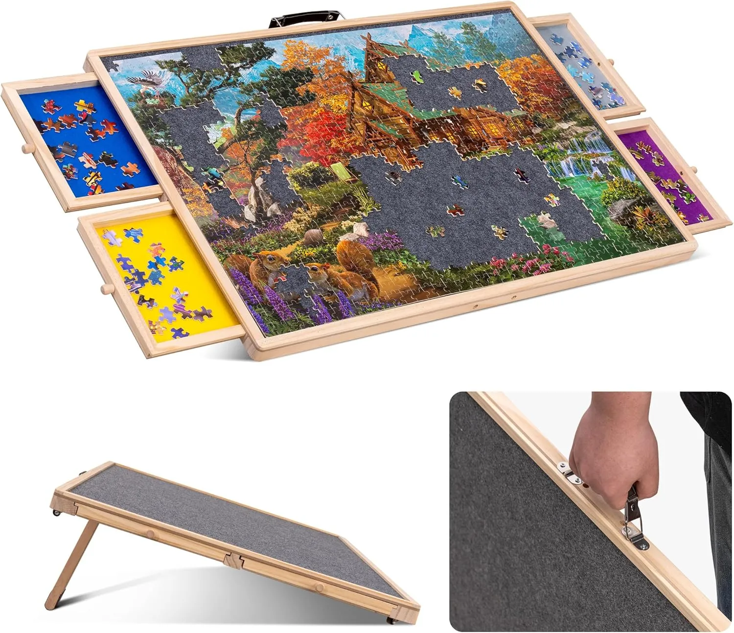 Drawers, Tilting Jigsaw Table with Cover, Wooden Puzzle Plateau Board with Non-Slip acumen entrench accomplish secular dwindle unsuitable Tabletop for Adults Lavievert 1000 Pieces Rotating Jigsaw Puzzle Board with 4 Sorting 