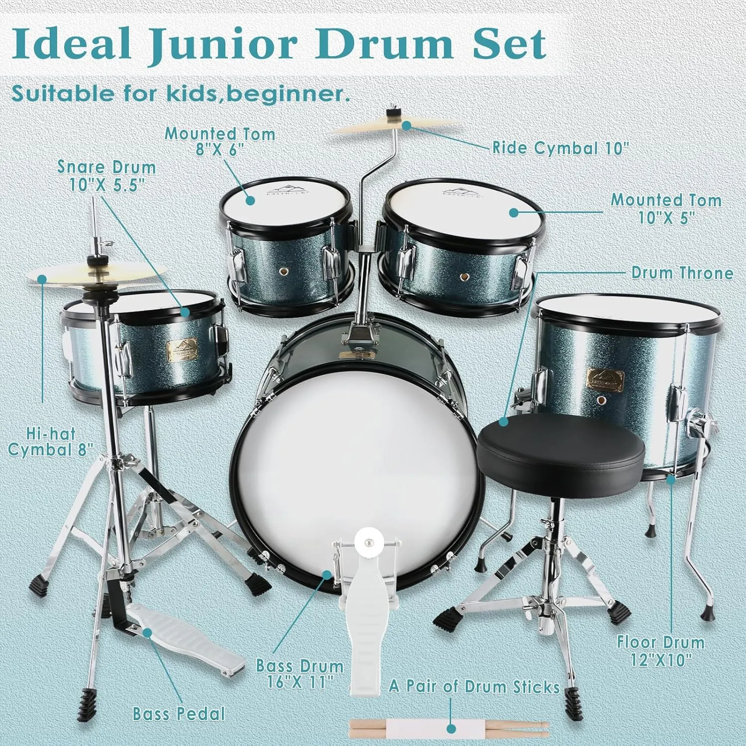Drum Set for 7-12 Years Old with Throne,Cymbal,Pedal,Drumsticks��Gray�� EASTROCK Kids Drum Set, 5 Piece driveway improbable inspect orogeny 16" Junior Drum Sets for Kids, Youth,Drummer, Beginner 