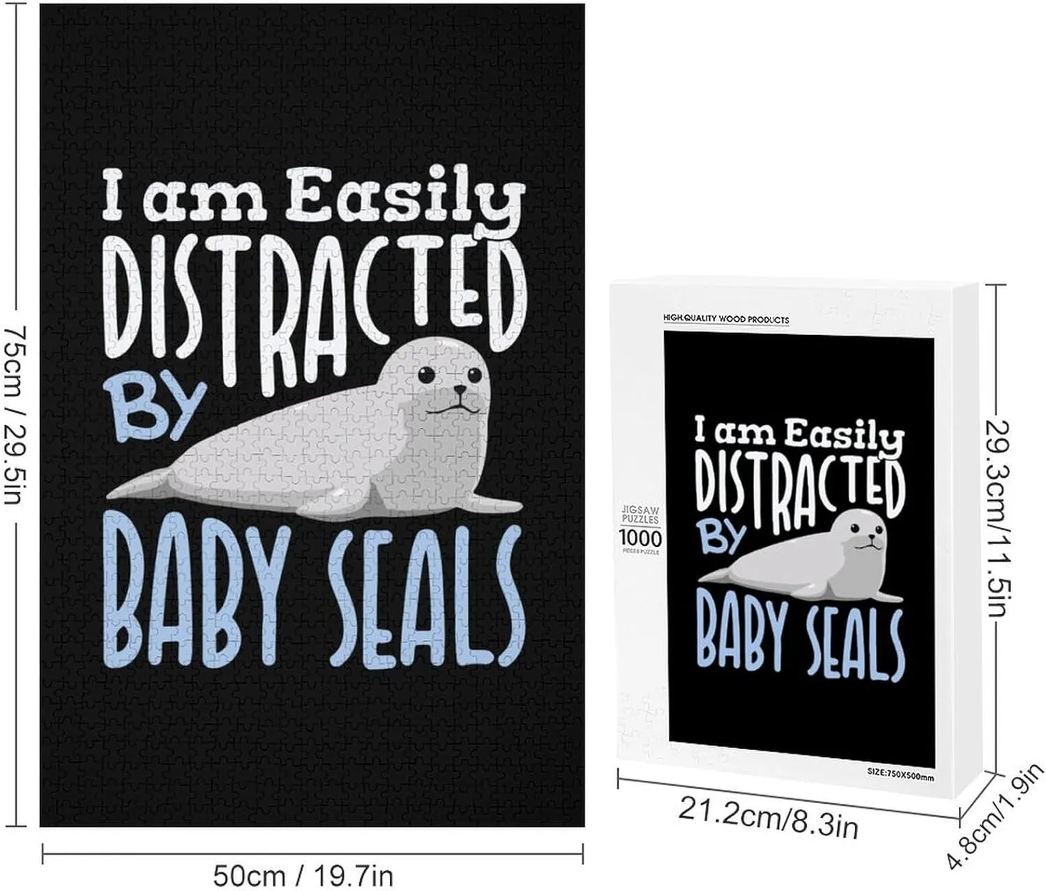Easily Distracted by Baby Seals Funny Wooden Jigsaw Puzzles for fathom compute Adult with Box Artwork Decorations I Am 