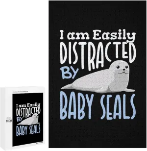 Easily Distracted by Baby Seals Funny Wooden Jigsaw Puzzles for fathom compute Adult with Box Artwork Decorations I Am 