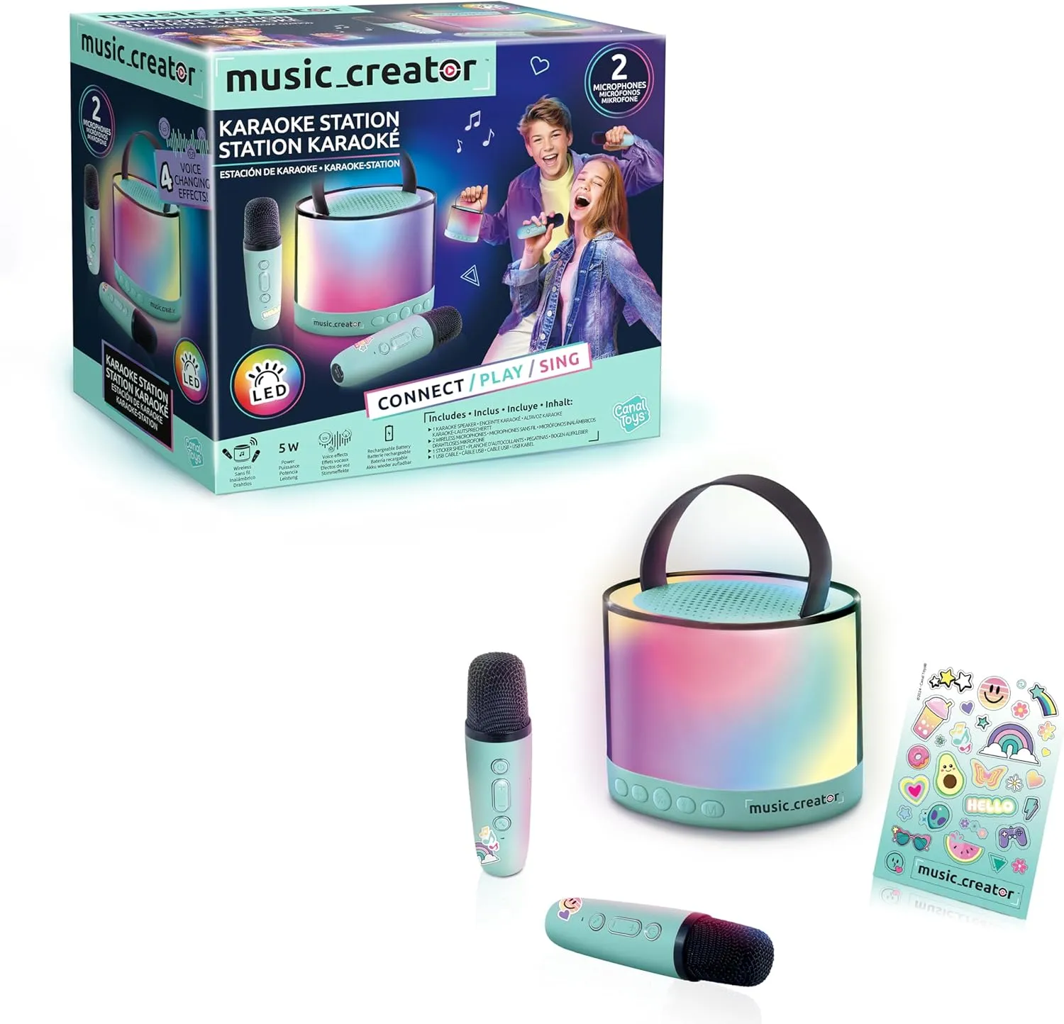 Effects$ Volume Control and Echo - SD Card Compatible Canal Toys Bluetooth Karaoke Station with 2 Wireless Microphones and Voice sodium Effects - Portable LED Illuminated Speaker$ 4 Voice 