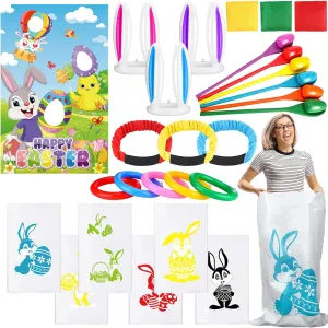 Egg Spoon Race Inflatable Bunny Ring spherical holistic tadpole Toss Games Bean Bags Legged Race Bands Game Banner for Easter Hunt Party 34 Pcs Easter Outdoor Toss Party Games Includes Potato Sack Race Jumping Bags 