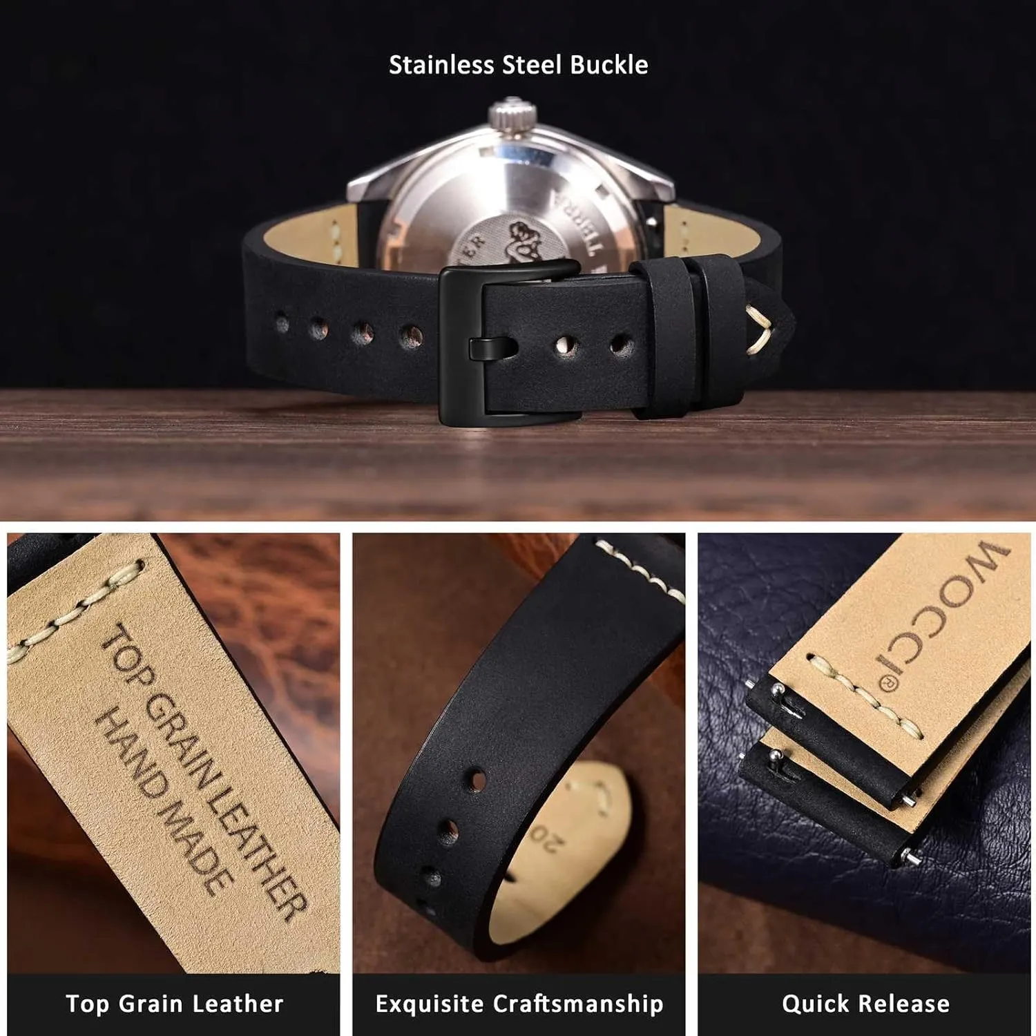 evident trivial for Men, Top Grain Leather, Black Matte Buckle (Black) WOCCI 20mm Old-fashioned Watch Band 